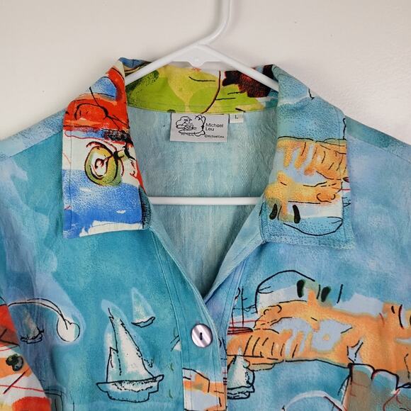 VTG Michael Leu St Mer Novelty Print Colorful Button Down Shirt Large Artsy - Picture 3 of 8